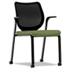 Multipurpose mobile stacking chair with stretch back and fabric seat.