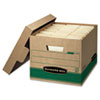 Medium-duty storage box with locking lid for stacking or shelving letter- or legal-size files.