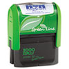 Self-inking custom message stamp with recycled plastic housing, water-based ink and recycled paper packaging.