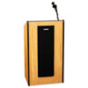 Sound system lectern with cabinet base, storage shelves and 50-watt amplifier.