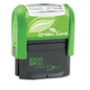 Self-inking custom message stamp with recycled plastic housing, water-based ink and recycled paper packaging.
