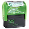 Self-inking custom message stamp with recycled plastic housing, water-based ink and recycled paper packaging.