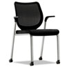 Multipurpose mobile stacking chair with stretch back and fabric seat.