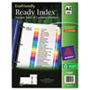 White index dividers with multicolor tabs and made entirely of recycled materials.