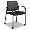 Mobile multipurpose stacking chair with mesh back and fabric-upholstered seat.