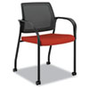Mobile multipurpose stacking chair with mesh back and fabric-upholstered seat.