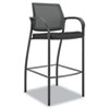 Café-height stool with mesh back and fabric-upholstered seat.