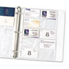 Clear, heavyweight polypropylene pages fit any standard three-ring binders. Each page holds 20 business cards.