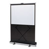 Modern, portable cinema screen with adjustable height and a silver carrying case.