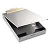 Aluminum portable desktop with high-capacity clip and weatherproof storage box under lid with lip.