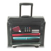 Leather rolling laptop catalog case with a telescoping handle system.