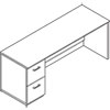Veneer single pedestal credenza with cord management grommet and removable modesty panel.