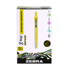 Z-Grip Retractable Highlighter Markers, Neon Yellow Ink, Chisel Tip, Neon Yellow Barrel, Dozen