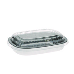 Classic Carry-Out Container with PET Dome Lid, 22 oz, 8.2 x 6.2 x 1.3, Silver/Clear, Aluminum, 100/Carton