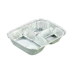 Aluminum Oblong Container with Lid, 3 Compartments, 24 oz, 8.5 x 6.38 x 1.47, Silver, 500/Carton