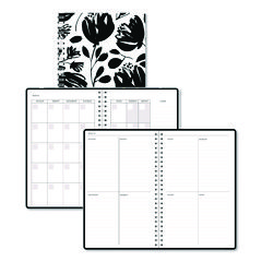 Recycled Non-Dated Monthly/Weekly Planner, Black and White Floral, Black/White Cover,  Undated