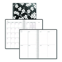 Recycled Non-Dated Monthly/Weekly Planner, Cherry Blossoms, Black/White Cover, Undated