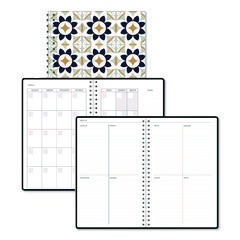 Recycled Non-Dated Monthly/Weekly Planner, Flower Tiles, Tan/Black/White Cover, Undated