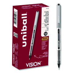 VISION Rollerball Pen, Stick, Fine 0.7 mm, Black Ink, Silver/Black/Clear Barrel, Dozen