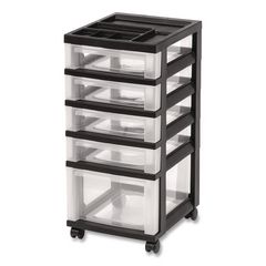 Five-Drawer Rolling Cart with Organizer Top, Plastic, 12.13 x 14.38 x 26.38, Clear/Black