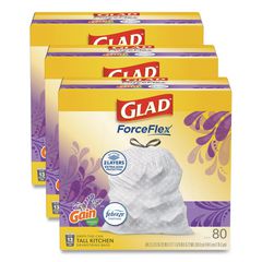 ForceFlex Kitchen Drawstring Trash Bags, 13 gal, Gain Lavender Scent, 24 x 27.38, White, 80 Bags/Box, 3 Boxes/Carton