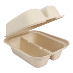 Fiber Hinged Takeout Containers, Taco Box, 2 Compartments, 5.86 x 7.25 x 3.38, Natural, Sugarcane Fiber, 300/Carton