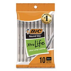 Round Stic Xtra Life Ballpoint Pen, Stick, Medium 1 mm, Black Ink, Translucent Black Barrel, 10/Pack