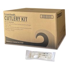 Six-Piece Cutlery Kit, Mediumweight, Fork/Knife/Napkin/Pepper/Salt/Spoon, 5.86", Plastic, White, 250/Carton