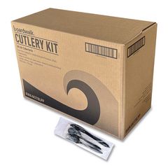 Four-Piece Cutlery Kit, Mediumweight, Fork/Knife/Napkin/Spoon, Plastic, 6.38", Black, 250/Carton