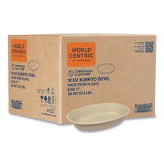 Fiber Bowls, Burrito Bowl, 18 oz, 8 x 5.3 x 1.6, Natural, Paper, 400/Carton