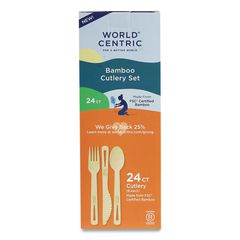 Bamboo Cutlery, Fork/Knife/Spoon, Paper, Natural, 24/Pack