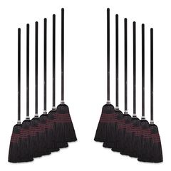 Flagged Tip Poly Bristle Janitor Brooms, 10 X 58.5, Wood Handle, Natural/black, 12/carton
