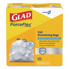 CloroxPro ForceFlex Tall Kitchen Drawstring Trash Bags, 13 gal, 23.75 x 24.88, Gray, 100/Box