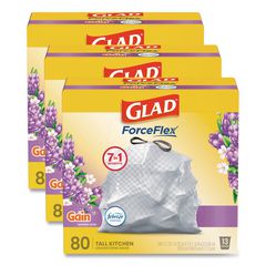 ForceFlex Kitchen Drawstring Trash Bags, 13 gal, Gain Lavender Scent, 24 x 27.38, White, 80 Bags/Box, 3 Boxes/Carton
