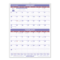 Two-Month Wall Calendar, 22 x 29, White/Blue/Red Sheets, 12-Month (Jan to Dec): 2023