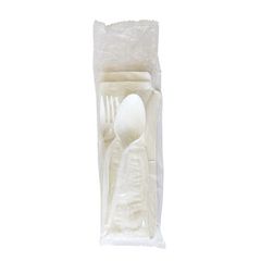 Four-Piece Polypropylene Cutlery Kit, Mediumweight, Fork/Knife/Napkin/Spoon, Plastic, White, 250/Carton