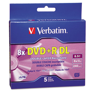 Dual-Layer DVD+R Discs, 8.5GB, 8x, w/Jewel Cases, 5/Pack, Silver