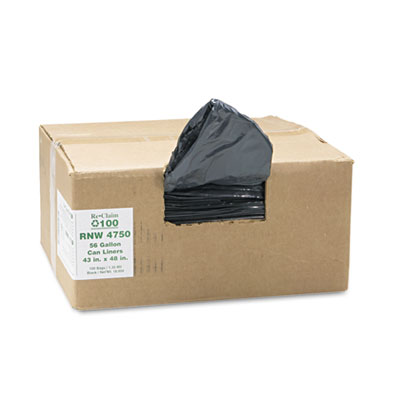 Recycled Can Liners, 56gal, 1.25mil, 43 x 48, Black, 100/Carton