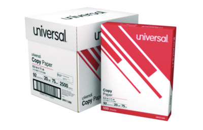 Universal+Copy+Paper+Convenience+Carton+92+Bright+20lb+8.5x11+500+Sheets%2fReam+5+Reams%2fCtn