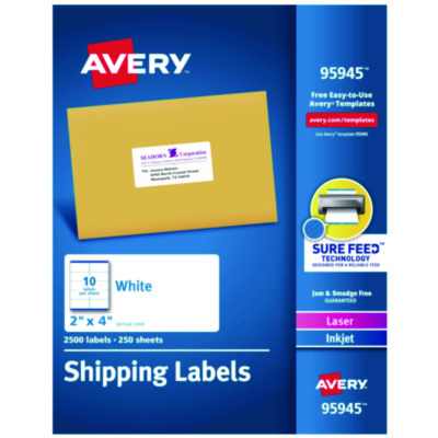 Avery+White+Shipping+Labels+Inkjet%2fLaser+Printers+2x4+White+2500+Labels+95945