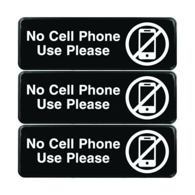 Excello Global Products® No Cell Phone Use Please Indoor/Outdoor Wall Sign, 9 x 3, Black Face, White Graphics, 3/Pack