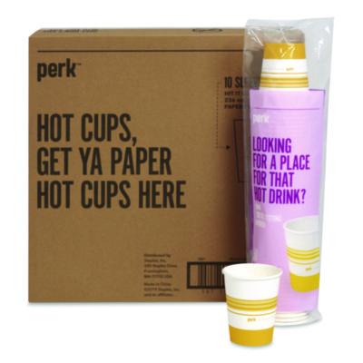 Perk™ Paper Hot Cups Paper Hot Cups, 8 oz, White/Yellow, 500/Carton
