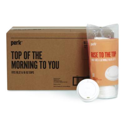 Perk™ Plastic Hot Cup Lids Plastic Hot Cup Lids, Fits 10 oz to 16 oz Hot Cups, White, 500/Carton
