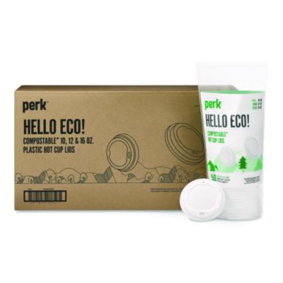 Perk™ Compostable Plastic Hot Cup Lids Compostable Plastic Hot Cup Lids, Fits 10 oz to 16 oz Hot Cups, Plastic, White, 500/Carton