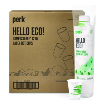 Perk™ Eco-ID™ Compostable Paper Hot Cups Eco-ID Compostable Paper Hot Cups, 12 oz, White/Green, 500/Carton