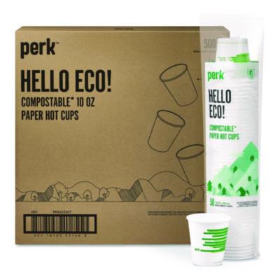 Perk™ Eco-ID™ Compostable Paper Hot Cups Eco-ID Compostable Paper Hot Cups, 10 oz, White/Green, 500/Carton