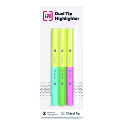 Tru+Red+Tank+Style+Twin+Tip+Highlighters%2c+Chisel+Tip%2c+Assorted+Colors%2c+3%2fPack