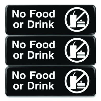 Excello Global Products® No Food or Drink Wall Sign, 9" x 3", Black Face, White Graphics, 3/Pack