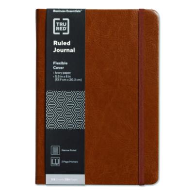 TRU RED™ Flexible-Cover Business Journal Flexible-Cover Business Journal with Elastic Closure, 1-Subject, Narrow Rule, Cognac Cover, (128) 8 x 5.5 Sheets