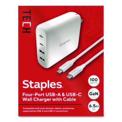 Staples TECH GaN USB-A/USB-C Wall Charger GaN USB-A/USB-C Wall Charger with Cable, 100 W, 4 Ports, White